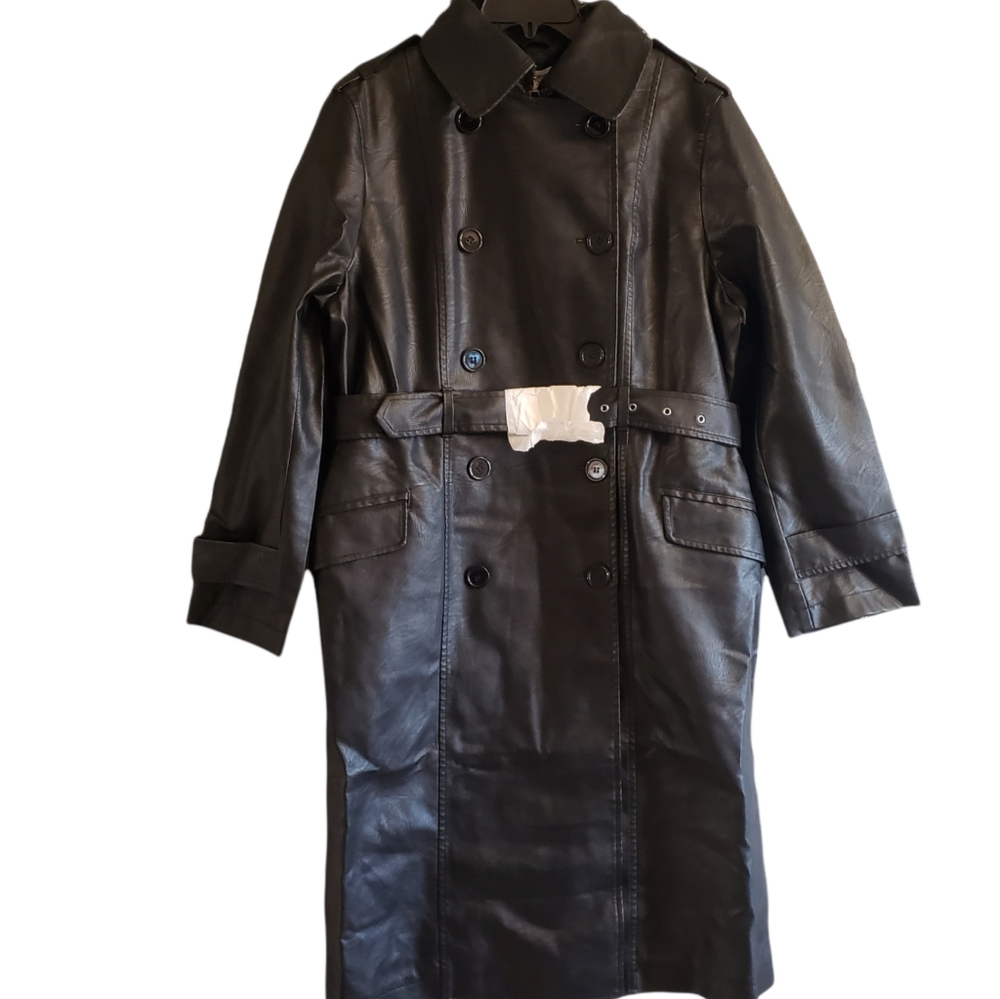 MAX STUDIO Faux Leather Black Long Double Breasted Belted Trench Coat XL - Picture 5 of 11